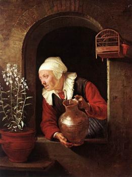 Gerrit Dou : Old Woman Watering Flowers